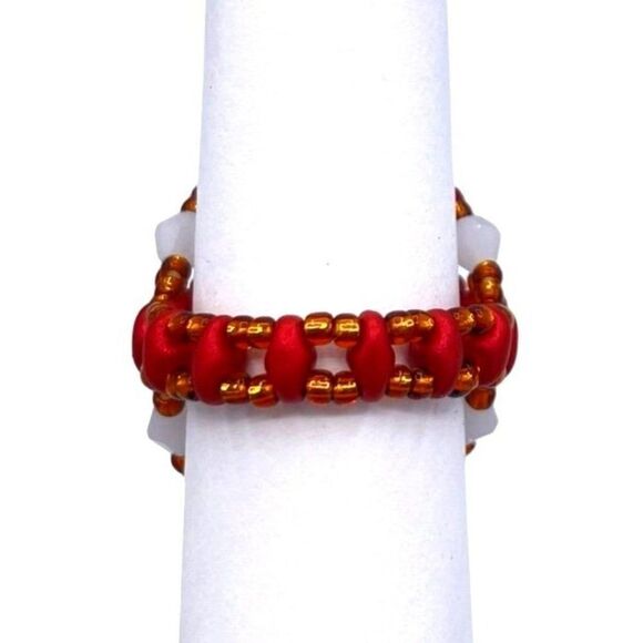Velvet Red with Bronze and Opal White Crystal Beaded Statement Ring Size 9 - Picture 4 of 8